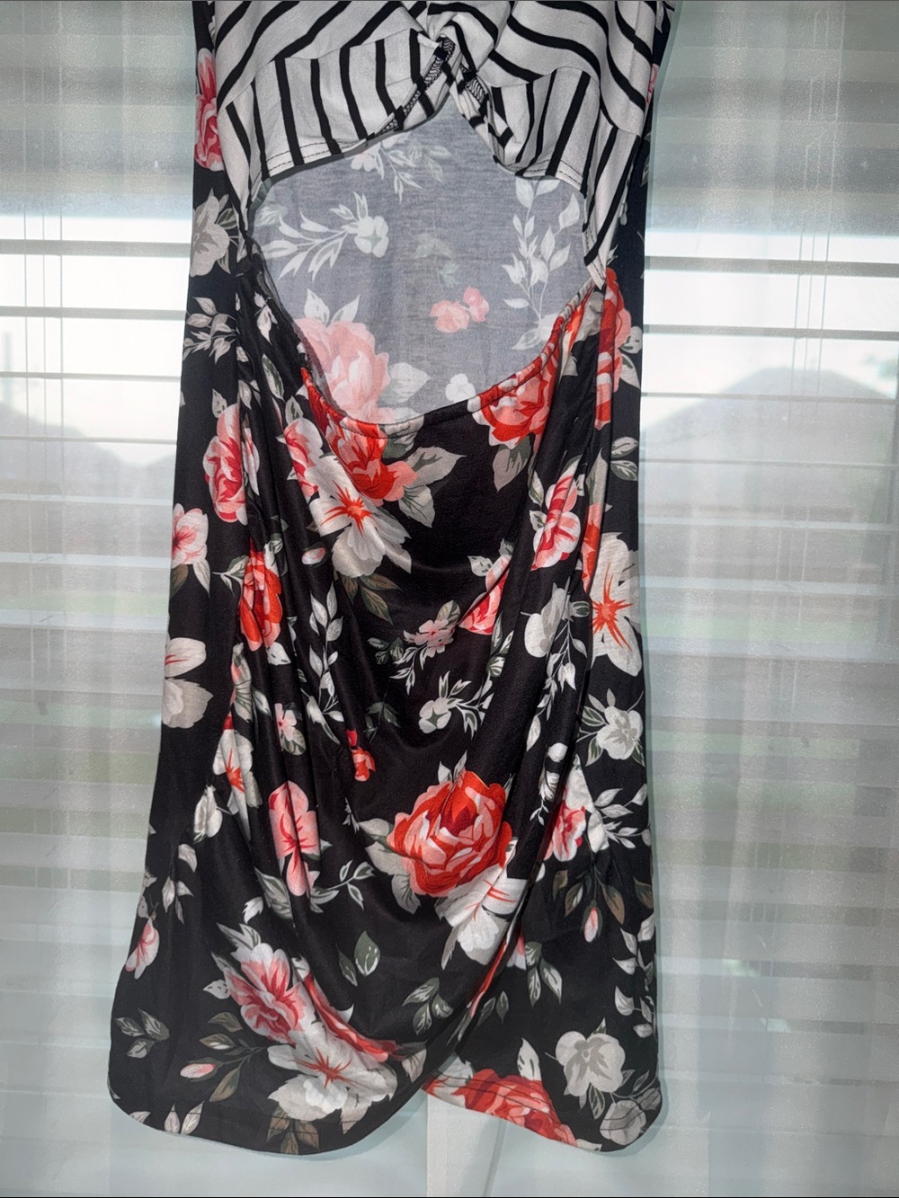 Striped & Floral Twist-Front Black Midi Dress in Pink - Picture 4 of 10